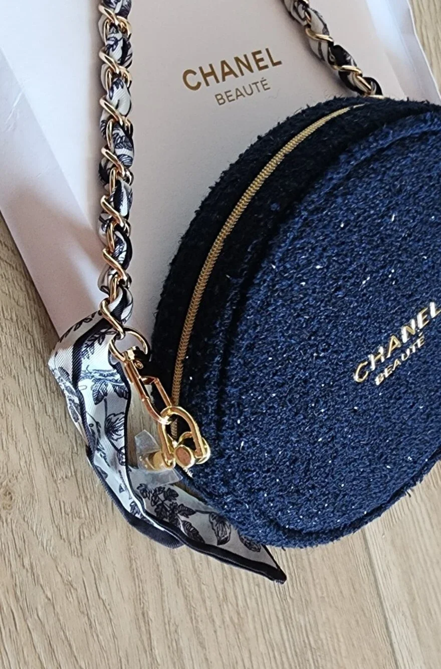 Chanel Beaute Round Navy Blue cosmetic Tweed pouch With Crossbody Chain NIB